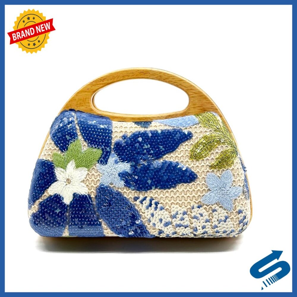 Sequined Embroidered Flower Evening Clutch Bohemian Woven Wooden Handle Chain